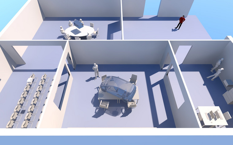 Vogelperspektive auf das 3-D-Modell von fünf zusammenhängenden Räumen, in denen Menschen zusammensitzen und arbeiten