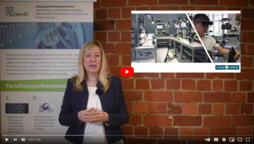 Screenshot eines YouTube-Videos, auf dem eine blonde Frau in einem Blazer vor einer virtuellen Präsentation steht, auf der ein Montagearbeitsplatz und ein Arbeiter mit einer Augmented-Reality-Brille zu sehen sind