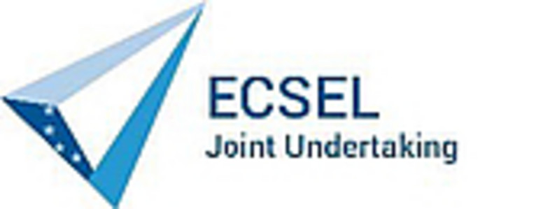 Ein gleichschenkliges, blaues Dreieck, das mit seiner Spitze nach rechts oben zeigt sowie das Akronym "ECSEL" und die Beschriftung "Joint Undertaking"